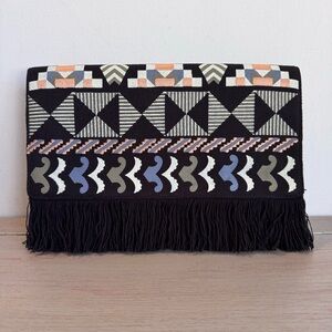 STELLA & DOT Taj Black Woven Tribal Envelope Clutch Bag Purse Fringe Embroidered